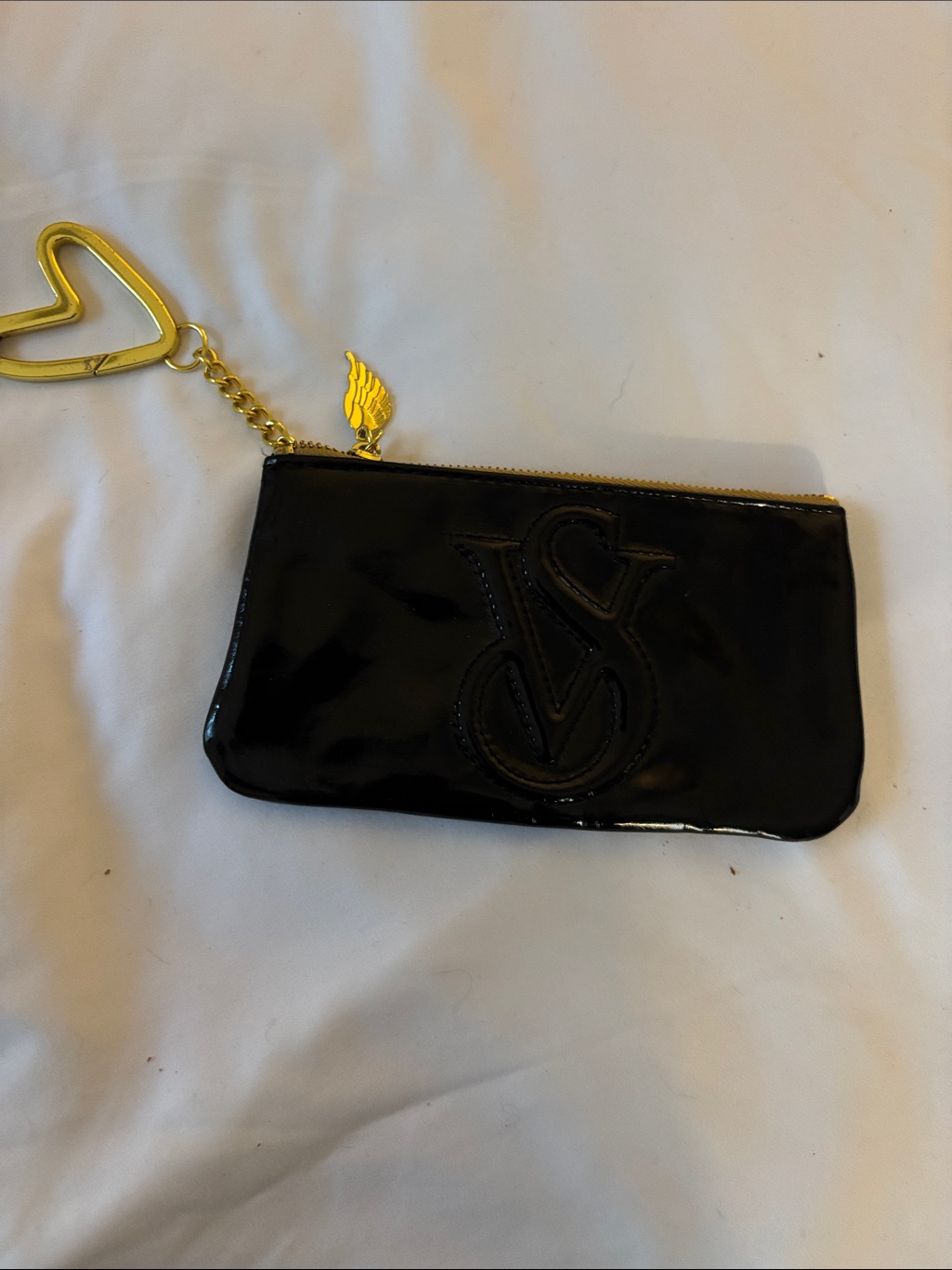 Victoria's Secret Black Patent Leather-Look Pouch With Heart And Wing Charm